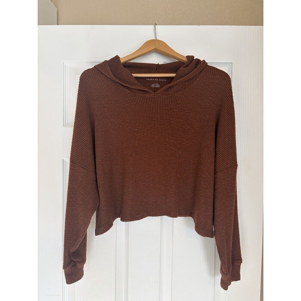 American Eagle Oversized Cropped Hoodie Brown Sweater Size Small Chunky Cozy V7